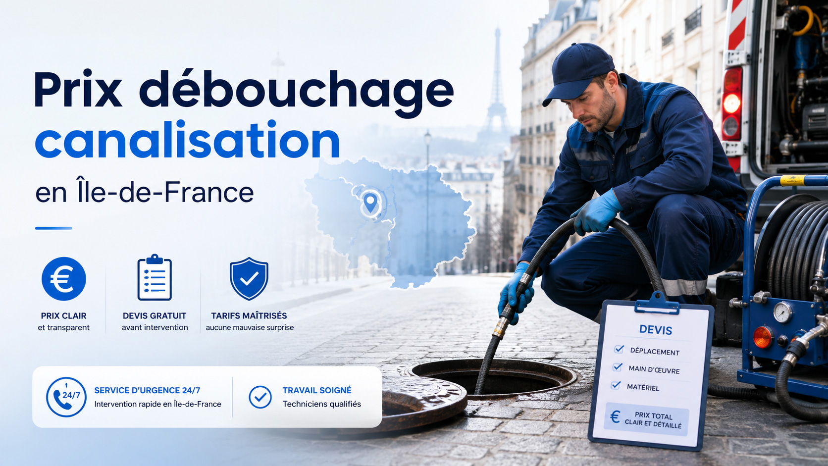 Combien coûte un débouchage de canalisation en Île-de-France ? Tarifs 2026